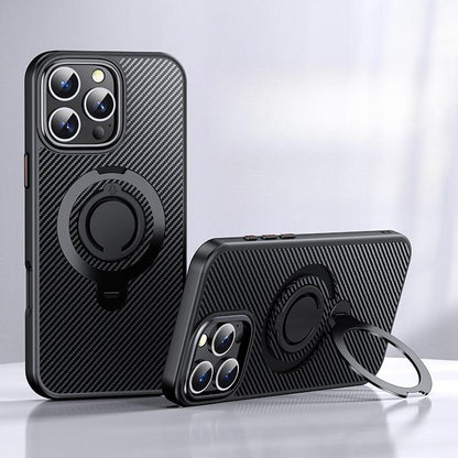 Carbon Fiber Pattern Slim PC Business Strong Magnetic Phone Case with 360 Rotating Metal Kickstand For iPhone 16ProMax 15 14 13 12 Skin Feel Bumper Shockproof Hard Full Cover