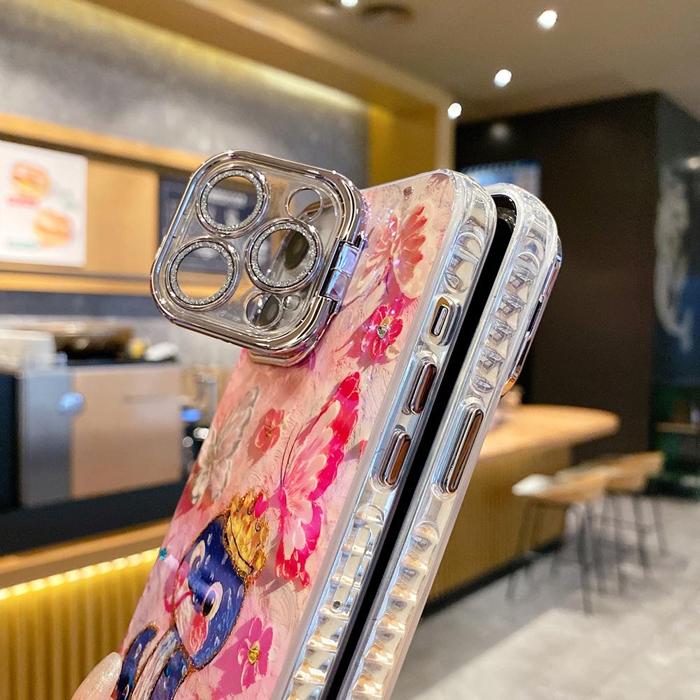 For iPhone 16ProMax 16 15 14 13 12 11 Phone Case with Diamond Camera Kickstand, Dolphin Whale Panda Elephant Snake Animal, Oil Painting Camera Frame Anti-drop Hard Shockproof Full Cover