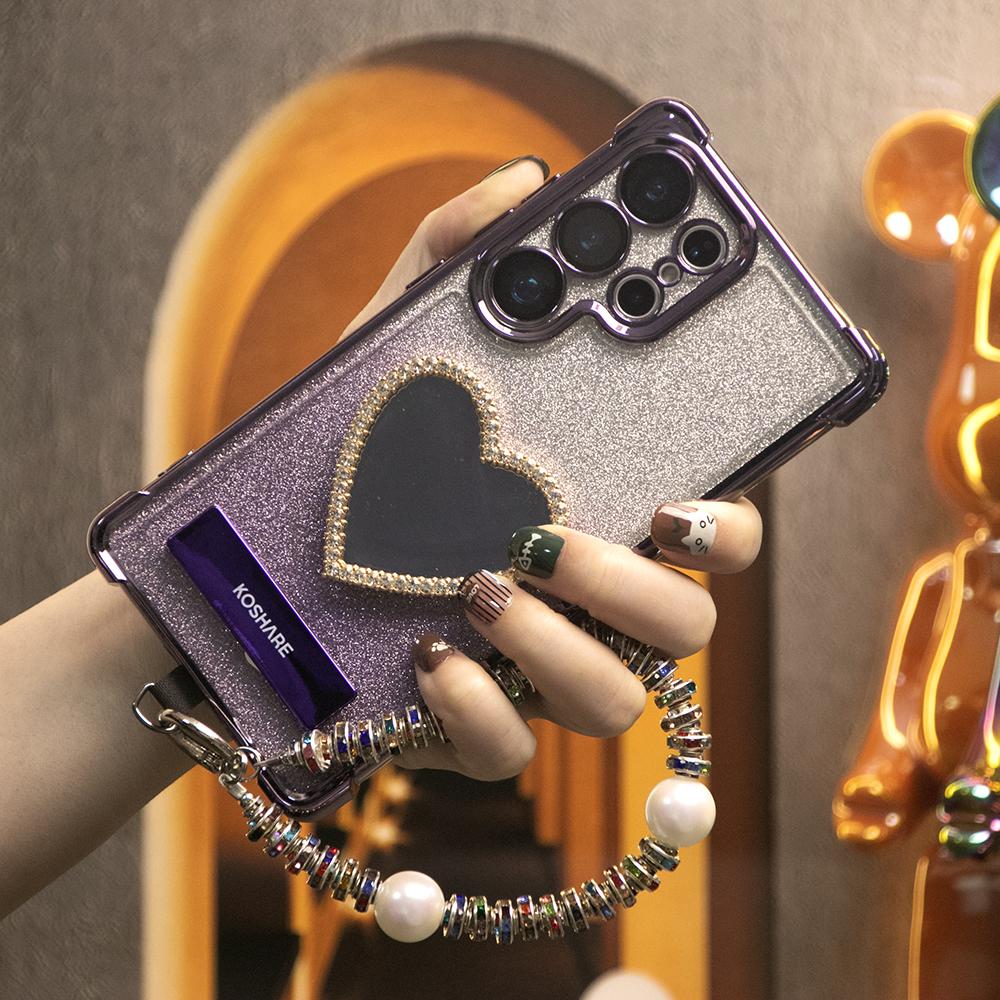 Gradient Plating Four Corners Love Heart Mirror Thin Kickstand Case with Pearl Diamond Wristband for Samsung S25Ultra S25 S24 S23 S22 S21 Note20 A53 A54 A55 Hard Acrylic Bumper Full Cover