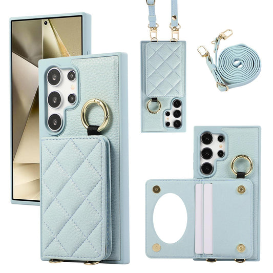 For Samsung S25Ultra S25 S24 S23 S22 Leather Phone Case with Double Folding Wallet Lanyard, Anti-Fall Card Slot Ring Kickstand Mirror Shockproof Business Hard Full Cover