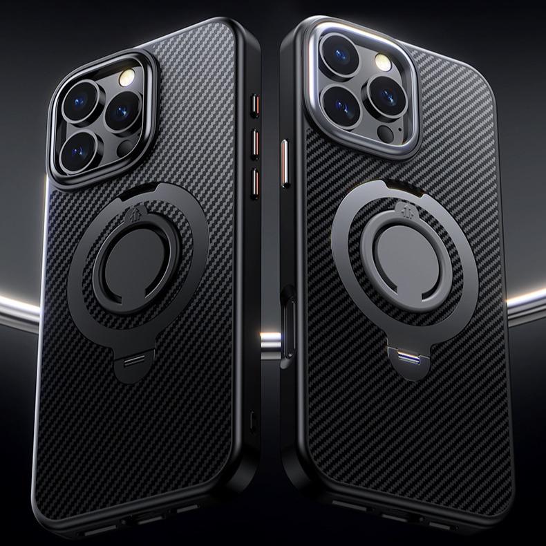 Carbon Fiber Pattern Slim PC Business Strong Magnetic Phone Case with 360 Rotating Metal Kickstand For iPhone 16ProMax 15 14 13 12 Skin Feel Bumper Shockproof Hard Full Cover