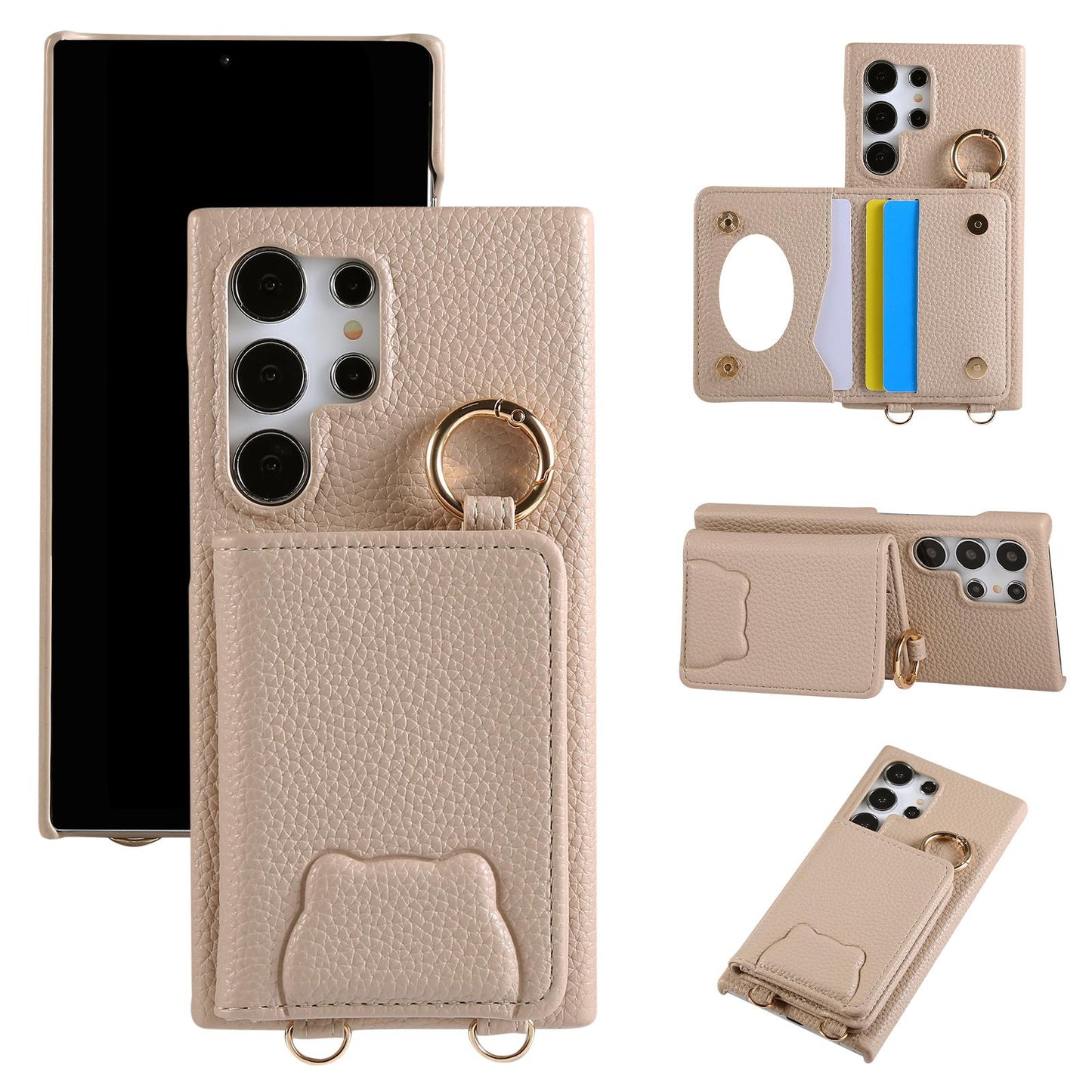 Bear Crossbody Mirror Wallet with Card Holder Phone Case for Samsung Galaxy S25 S24 S23 S22 Ultra Plus S24 FE Back Cover
