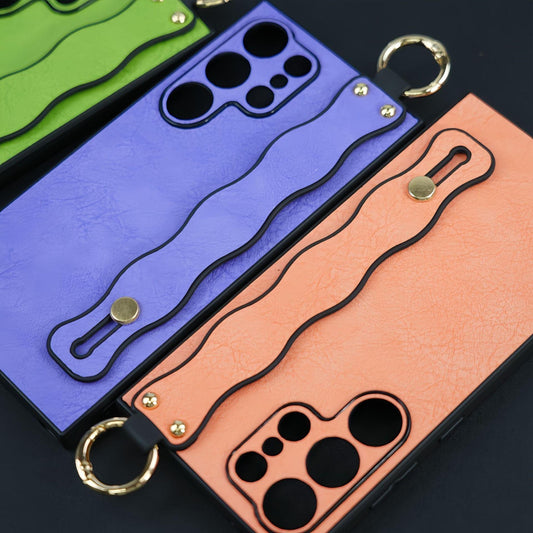 For Samsung S25Ultra S25 S24 S23 S22 S21 Case With Wave Wristband, Matte Durable Faux Leather Kickstand Shockproof Phone Case