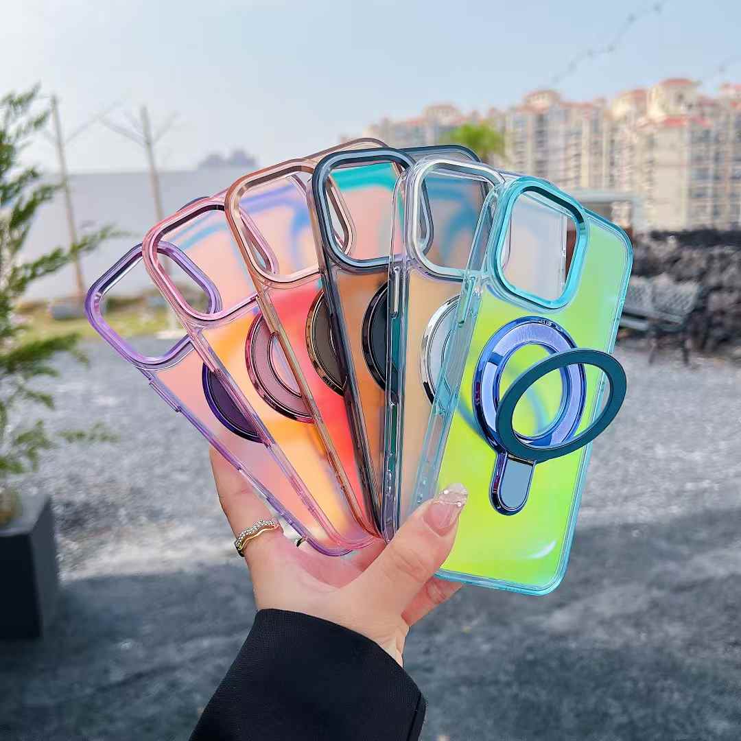 Strong Magnetic Kickstand Laser Gradient Chameleon For Magsafe Phone Case For iPhone 16 15 14 13 12 11 Pro Max Plus Metal Frame Acrylic Shockproof Hard Cover