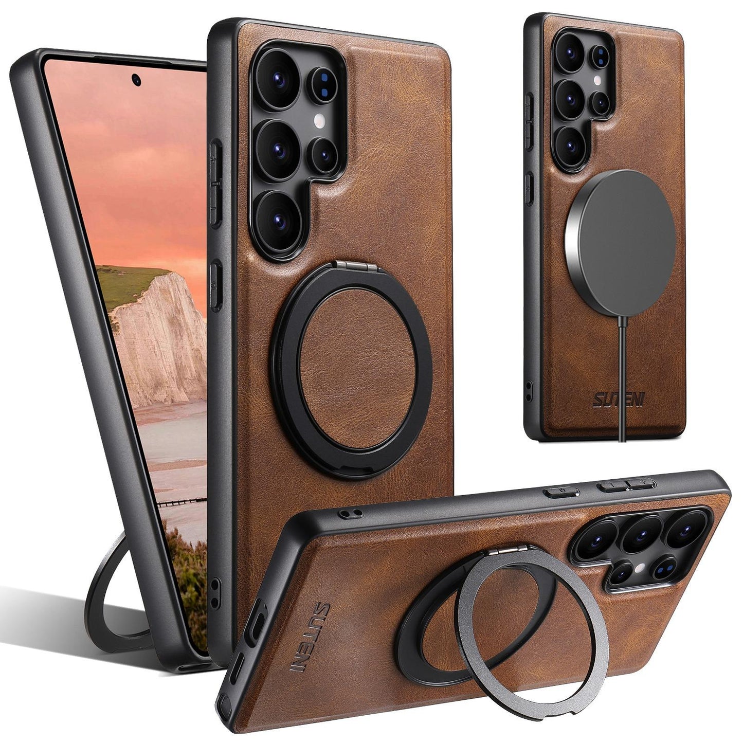For Samsung S25 S24 S23 S22 Ultra Plus Phone Case, Smooth Surface Oil Wax Pattern Leather Metal Kickstand Shockproof Support Wireless Charging Hard Phone Case