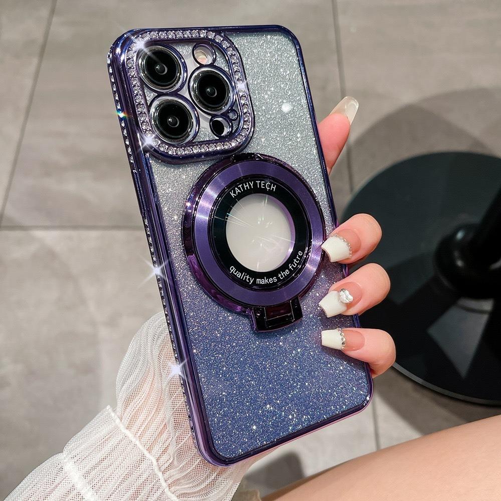 Glitter Gradient Plating Rhinestone TPU Phone Case with Kickstand For iPhone 16ProMax 15 14 13 12 11 Shockproof Soft Full Cover