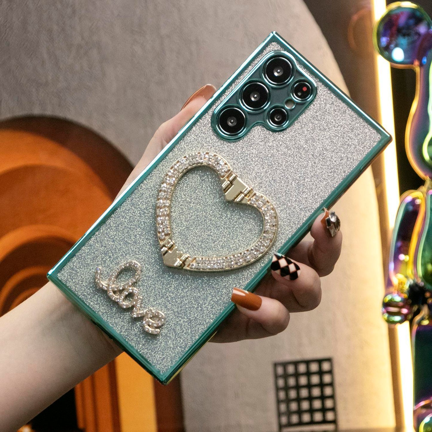 Luxury Diamond Glitter Crystal Love Heart Holder Bracket Glitter Clear Gradient TPU Plating Shockproof Soft Phone Case For Samsung S25 S24 S23 S22 S21 Note20