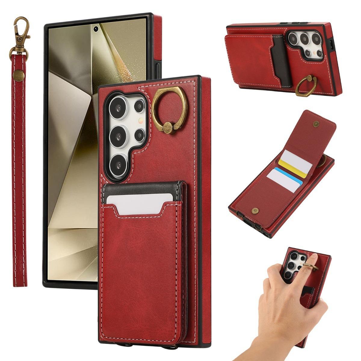 For Samsung S25Ultra S24 S23 S22 A16 A15 A35 A55 Leather Phone Case with Double Folding Wallet Wristband, Anti-Fall Card Slot Ring Kickstand Shockproof Business Hard Full Cover