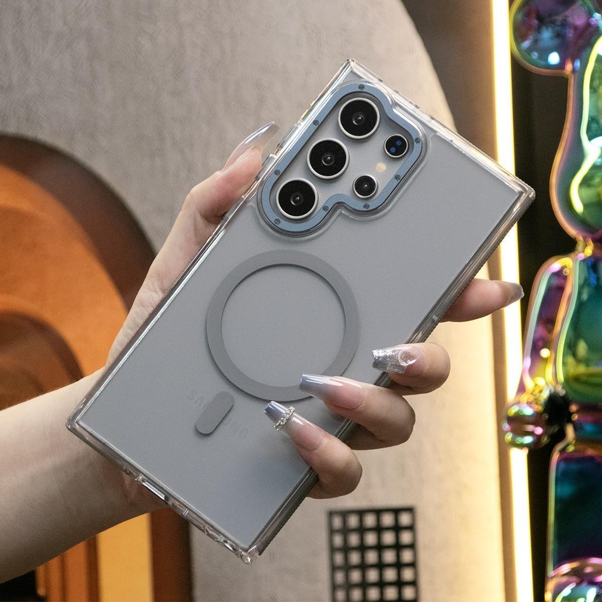 For Samsung S25Ultra S24+ S23FE A14 A15 A16 A24 A25 A34 A35 A54 A55, Clear Dual Color Strong Magnetic Wireless Charging Case Clear Shockproof Metal Camera Frame Bumper TPU Acrylic Hard Cover