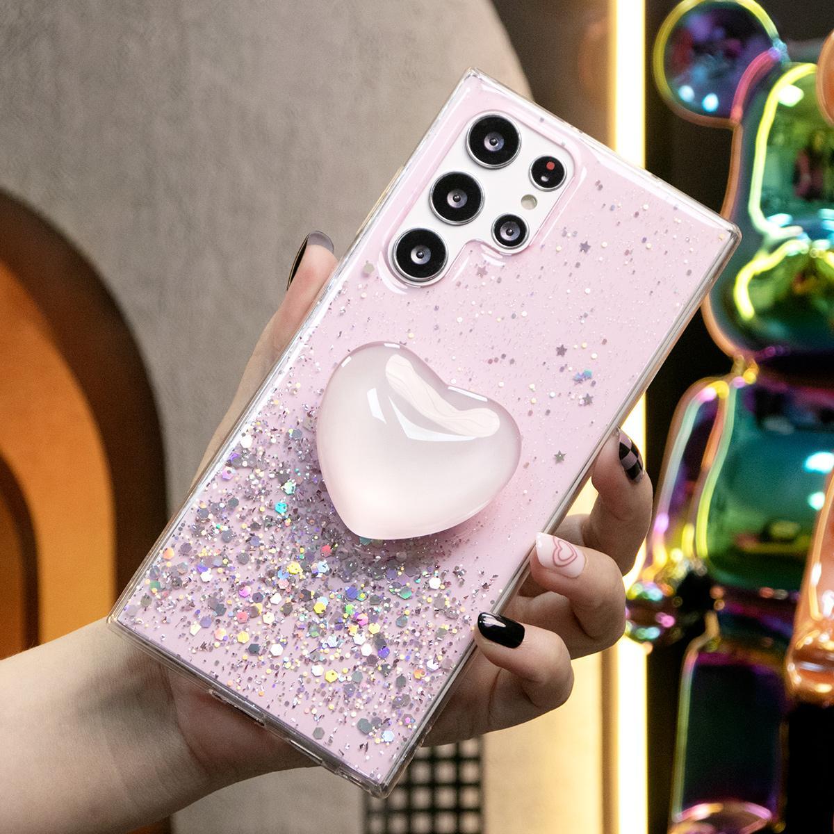 Glitter Star Sequin Crystal Love Heart Stand Phone Case For Samsung S25 S24 S23 S22 S21 Note20 A15 A25 A35 A55 Clear Soft TPU Back Cover