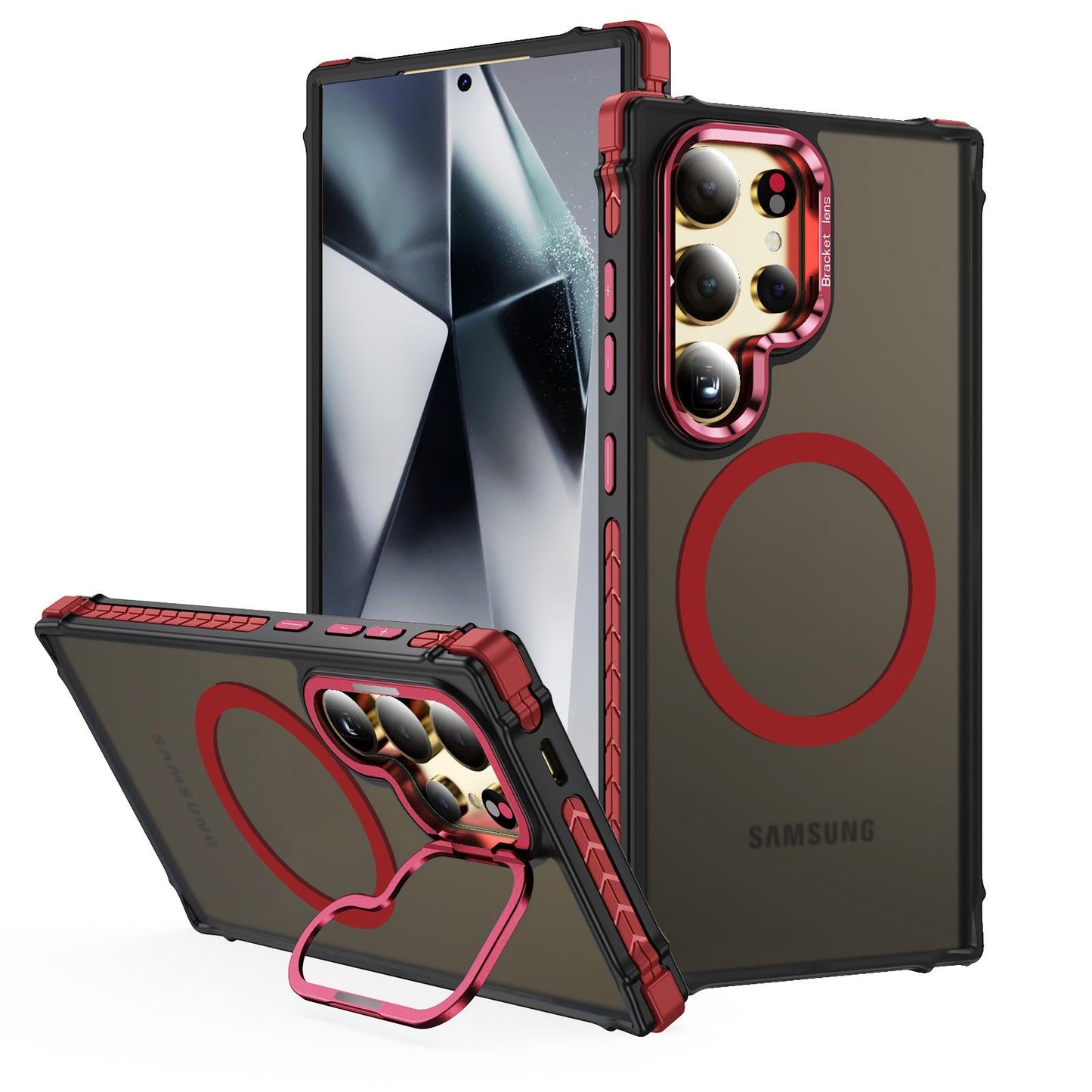 Two-tone Matte Transparent Anti-Dust Four Corner Anti-Fall Bumper Shockproof Strong Magnetic Phone Case With Metal Camera Kickstand for Samsung S25Ultra S24 S23FE S23 A14 A15 A25 A35 A54 A55
