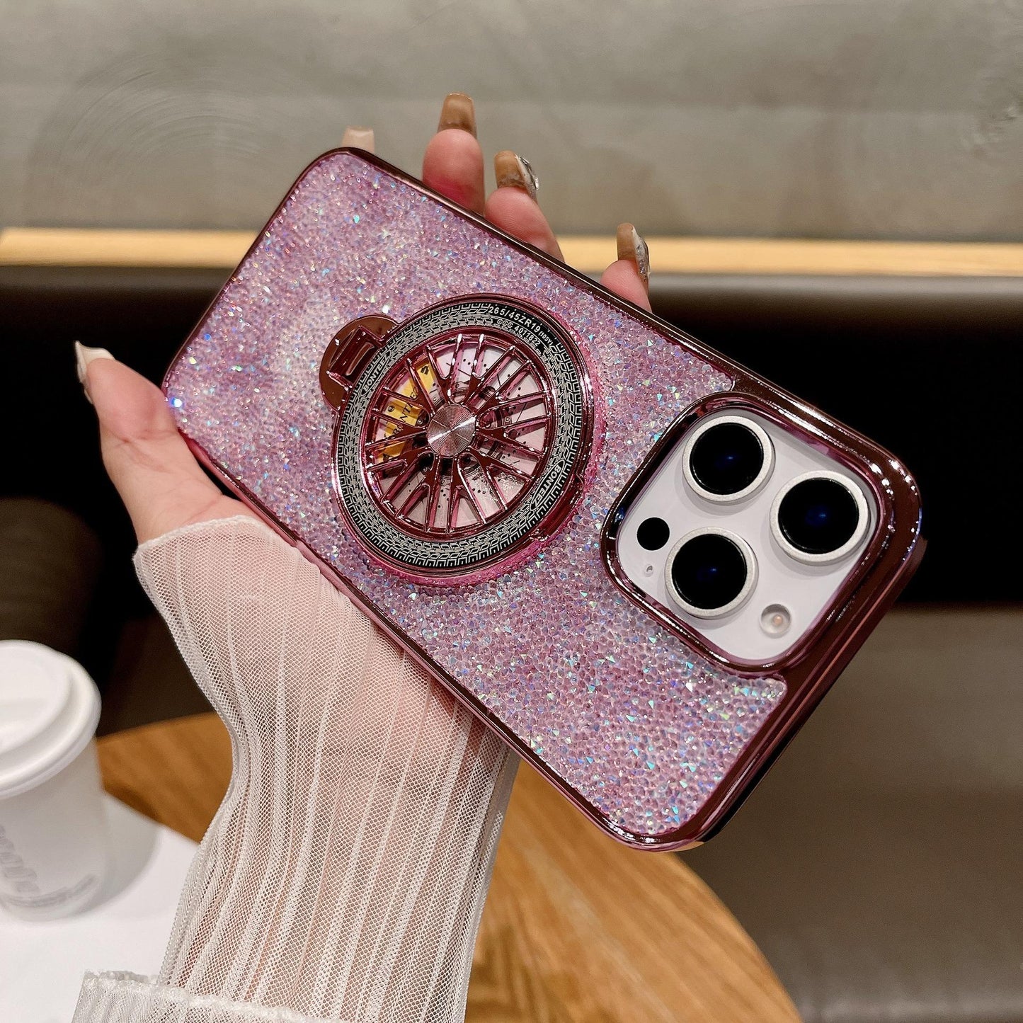 Luxury Rhinestone Glitter Plating Slim PC Phone Case with Gyro Kickstand For iPhone 16ProMax 15 14 13 Hard Full Cover