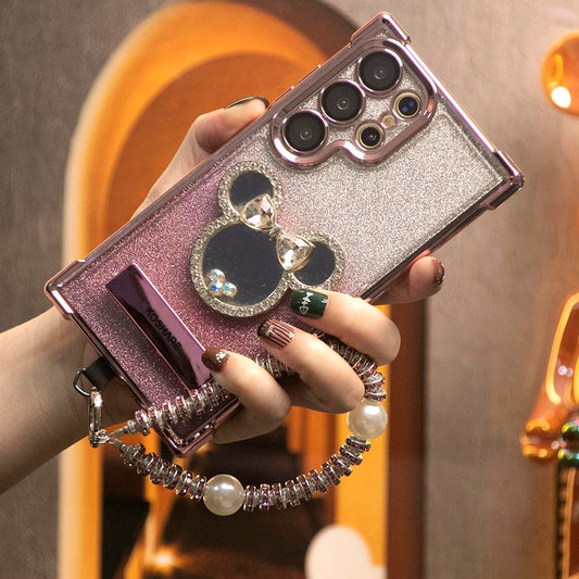 Gradient Plating Four Corners House Head Mirror Thin Kickstand Case with Pearl Diamond Wristband for Samsung S25Ultra S25 S24 S23 S22 S21 Note20 A53 A54 A55 Hard Acrylic Bumper Full Cover