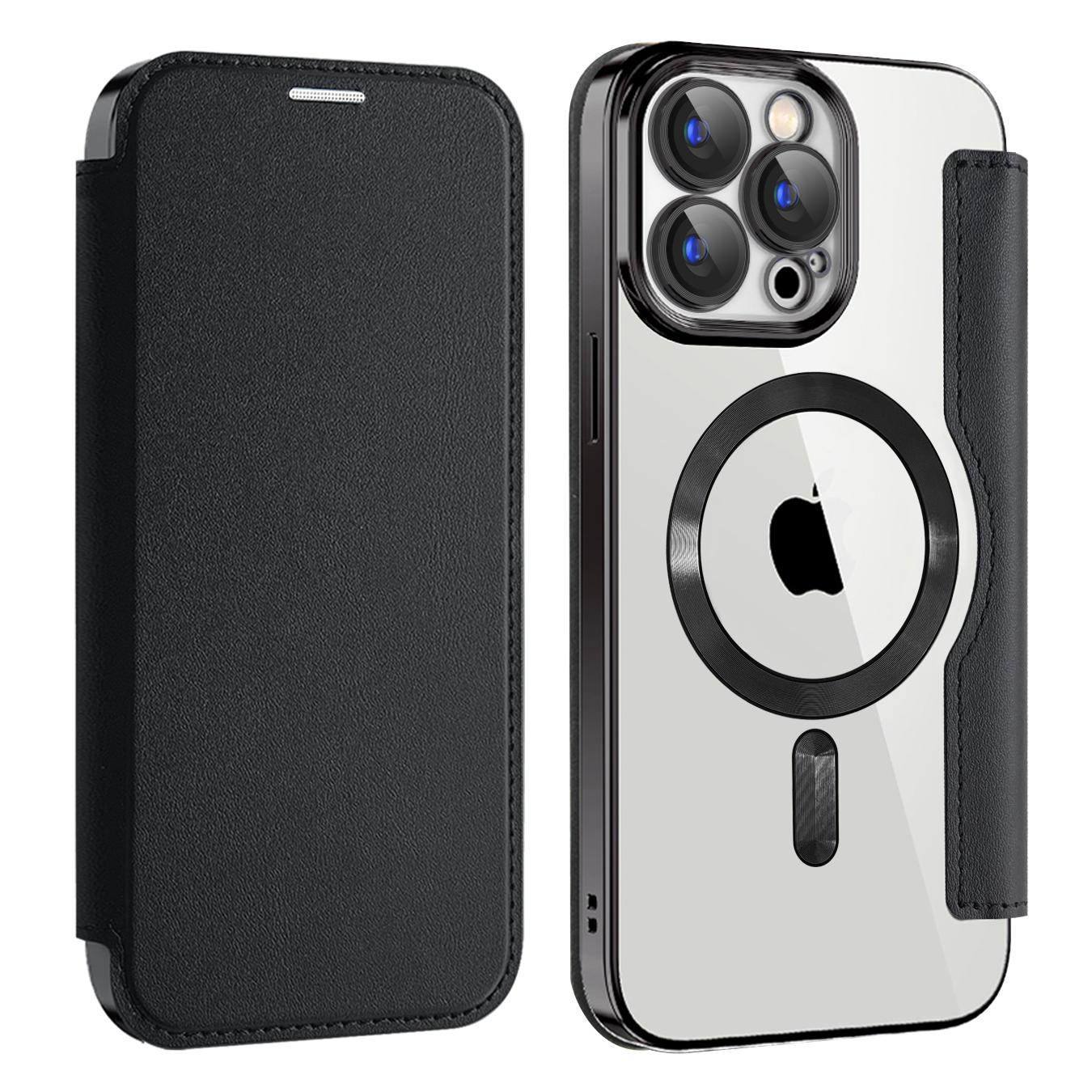 Wireless Charge Case for iPhone 16 15 14 13 Pro Max Magnetic Shockproof Flip Leather Shell Card Slot Hard PC Back Cover