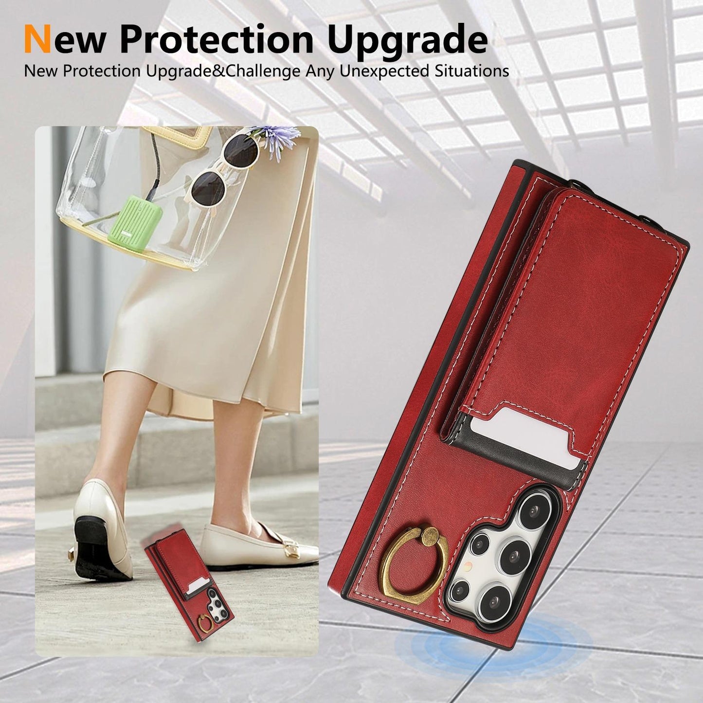 For Samsung S25Ultra S24 S23 S22 A16 A15 A35 A55 Leather Phone Case with Double Folding Wallet Wristband, Anti-Fall Card Slot Ring Kickstand Shockproof Business Hard Full Cover