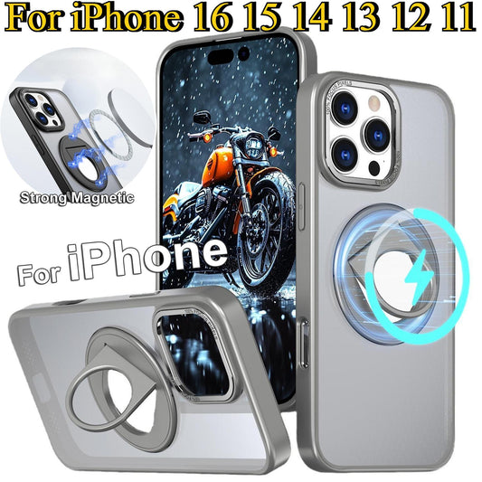 For iPhone 16 15 14 13 12 11 Phone Case with 360 Degree Rotate Ring Kickstand, Matte Crystal Magnetic Metal Camera Frame Shockproof Hard Full Cover