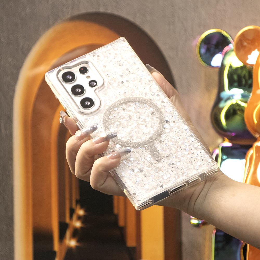Glitter Glitter Transparent Strong Magnetic For Magsafe Phone Case For Samsung S25Ultra S25+ S25 S24 S23 A14 A15 A16 A24 A25 A34 A35 A54 A55 Metal Frame Shockproof Bumper Acrylic Hard Cover