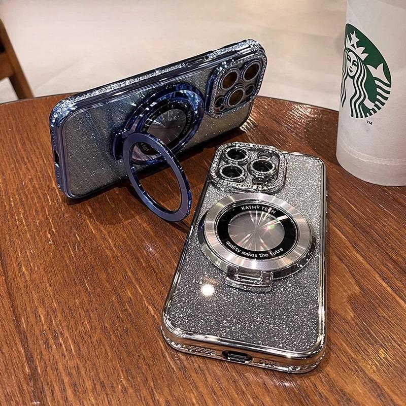 Glitter Gradient Plating Rhinestone TPU Phone Case with Kickstand For iPhone 16ProMax 15 14 13 12 11 Shockproof Soft Full Cover