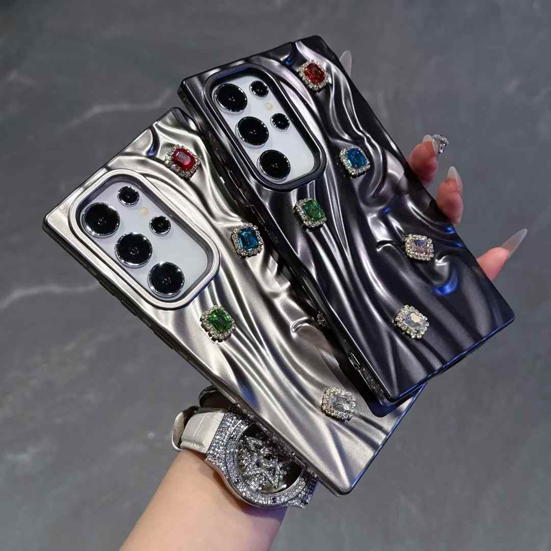 For Samsung S25Ultra S25 S24 A56 A55 A54 A36 A35 A26 A25 A16 A15, Rhinestone Fancy Shape Cool Wrinkled Tin Foil Pattern Plating Hollow Heat Dissipation Case Cooling Soft Back Cover