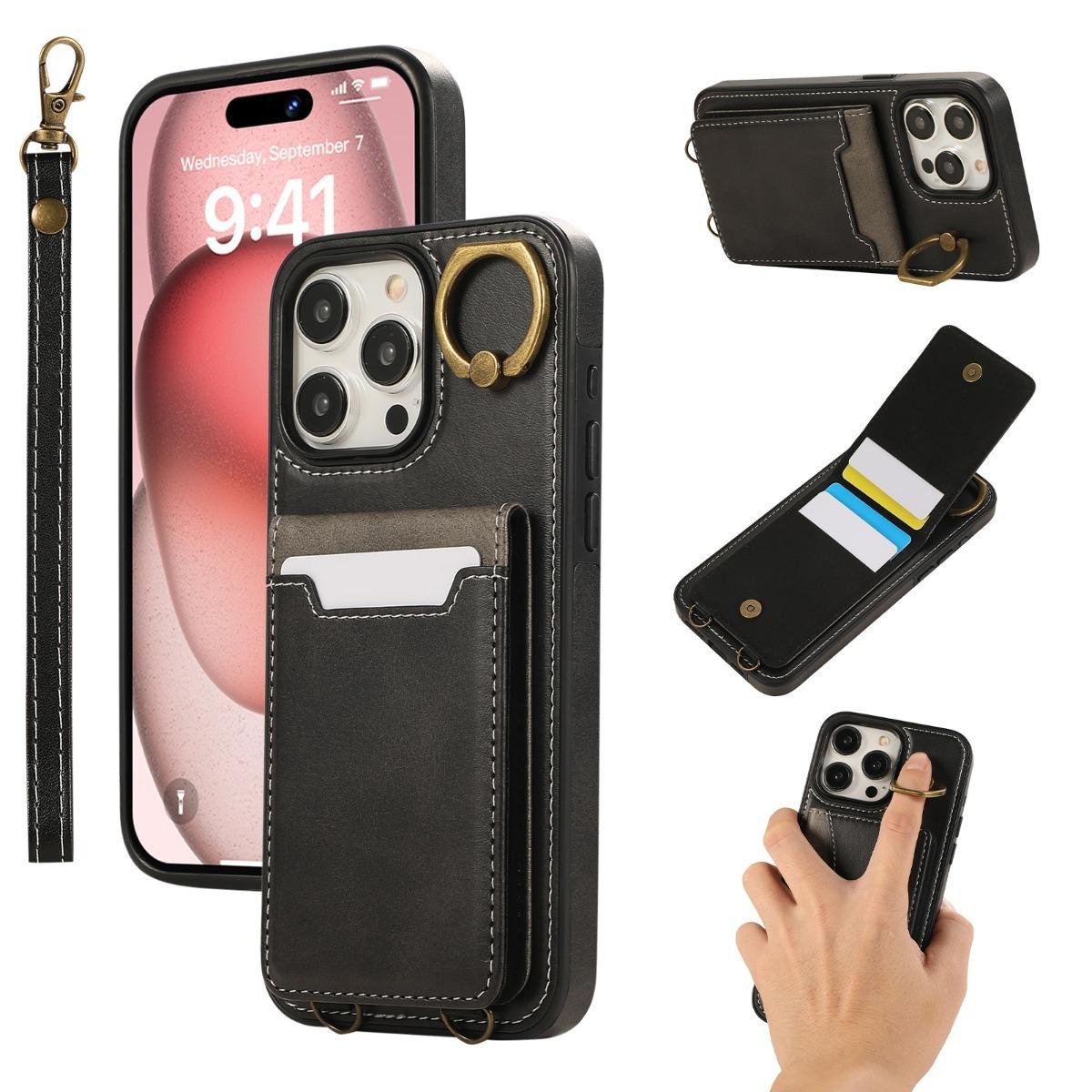 For iPhone 16ProMax 16 15 14 13 12 Leather Phone Case with Double Folding Wallet Wristband, Anti-Fall Card Slot Ring Kickstand Shockproof Business Hard Full Cover