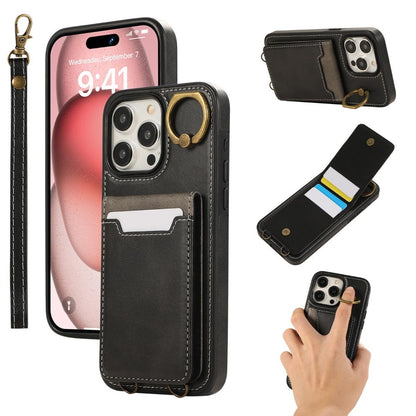For iPhone 16ProMax 16 15 14 13 12 Leather Phone Case with Double Folding Wallet Wristband, Anti-Fall Card Slot Ring Kickstand Shockproof Business Hard Full Cover