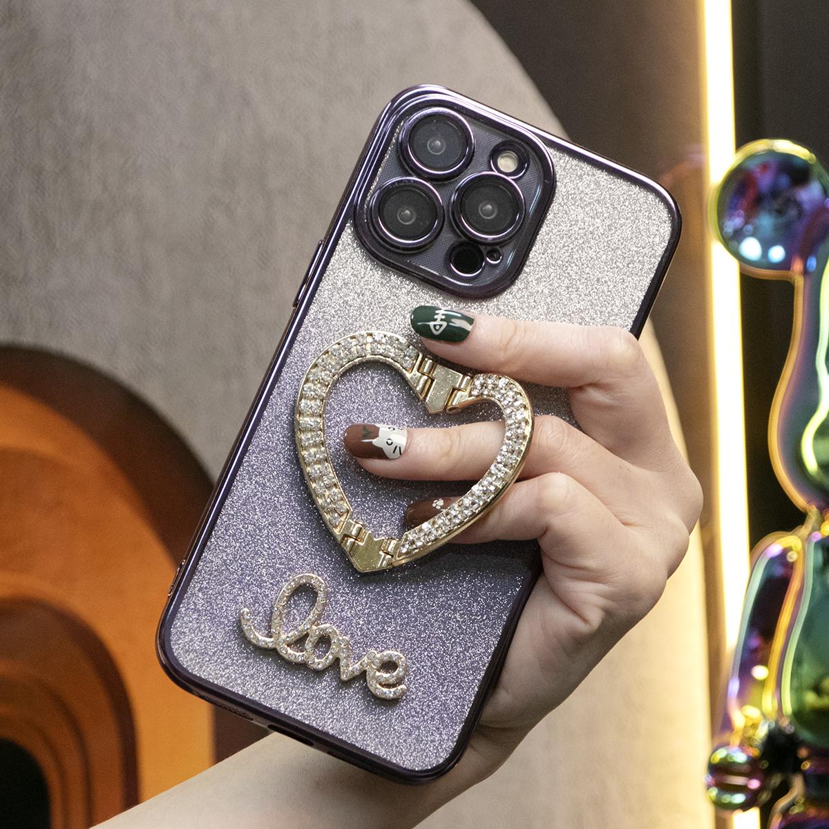 Glitter Transparent Gradient Diamond Love Heart Holder Plating Phone Case For iPhone 16 15 14 13 12 Pro Max Clear Soft TPU Back Cover