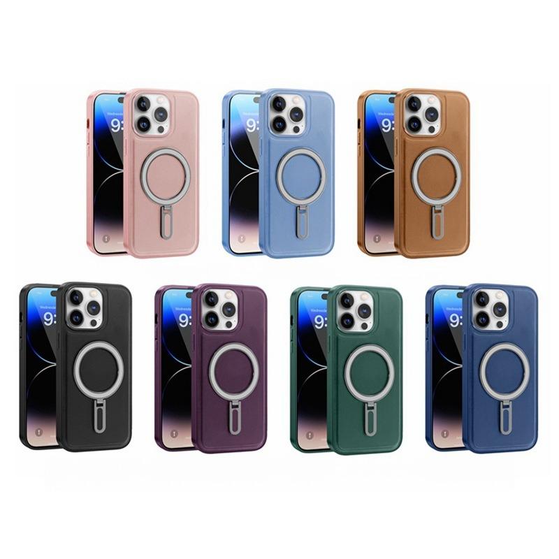 Luxury Full Leather Glossy Kickstand Phone Case For Magsafe For iPhone 16ProMax 16 15 14 13 12 11 Metal Ring Magnetic Metal Holder Shockproof Stand Back Cover