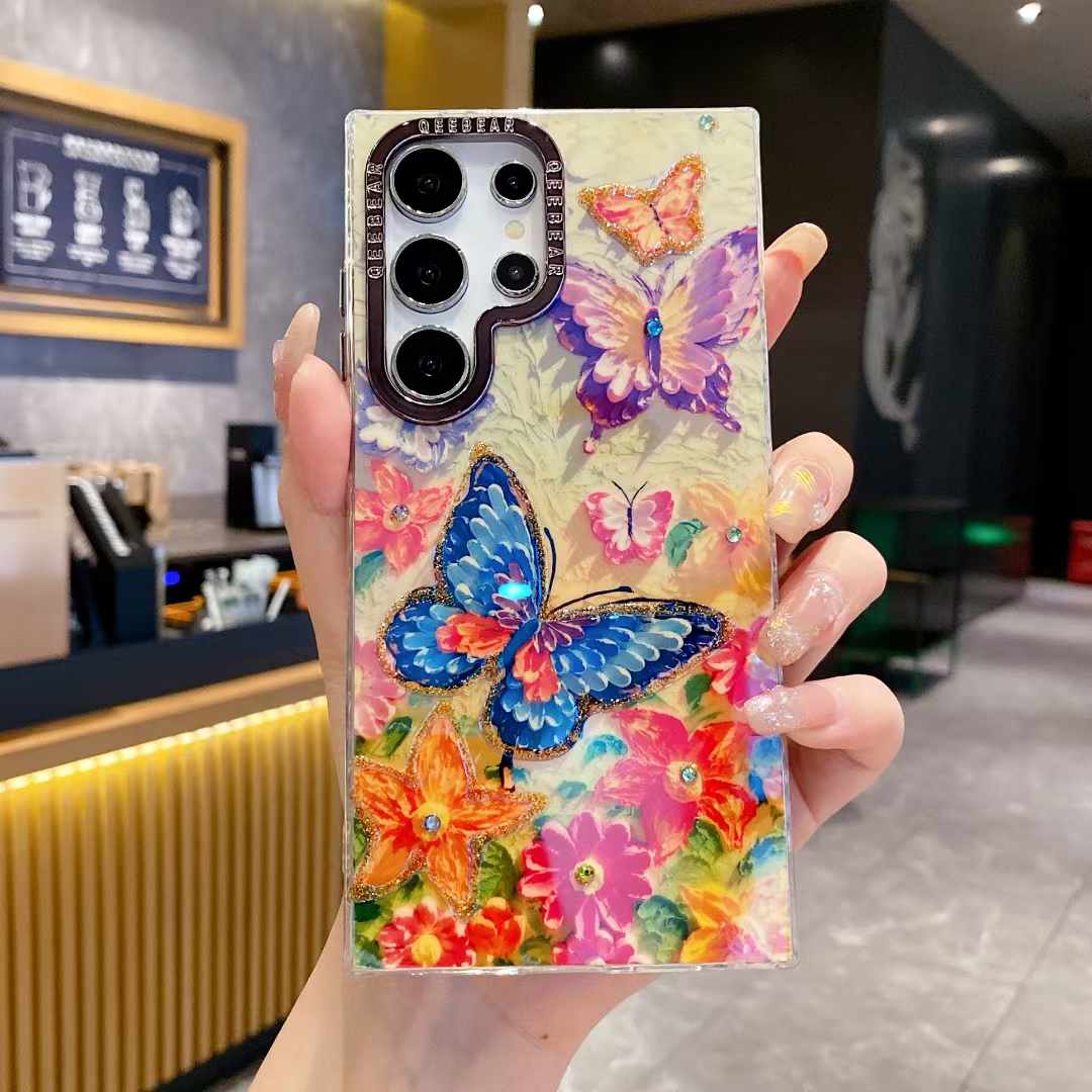 For Samsung S25 S24 S23 S22 A34 A35 A53 A54 A55 Note20Ultra Phone Case, Luxury Elegant Colorful Rainbow Butterfly Flower Oil Painting Metal Camera Frame Anti-drop Hard Shockproof Full Cover