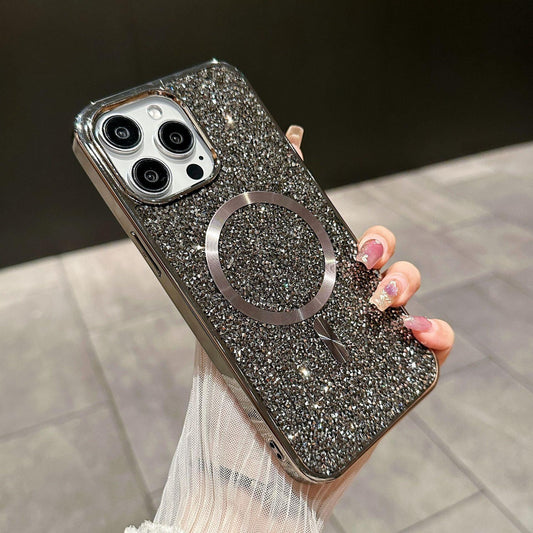 Luxury Rhinestone Glitter Plating Slim PC Strong Magnetic Phone Case For iPhone 16ProMax 15 14 13 Hard Support Wireless Charging Full Cover