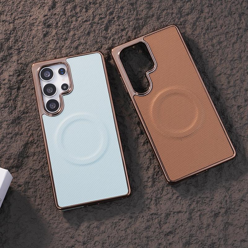 For Samsung S25Ultra S24 S23 S22 Plus FE Phone Case, Plating Antislip Matte Luxury Leather Emboss Strong Magnetic Slim Protection Shockproof Hard Full Cover