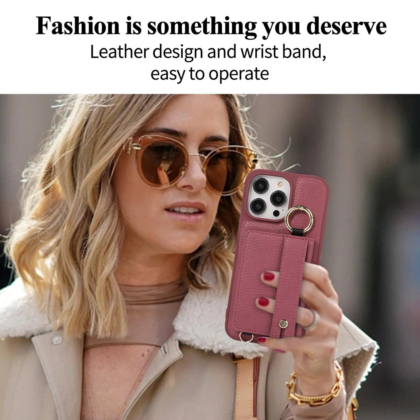 For iPhone 16ProMax 16 15 14 13 12 11 Leather Phone Case with Double Folding Wallet Lanyard, Anti-Fall Card Slot Wristband Ring Kickstand Shockproof Business Hard Full Cover