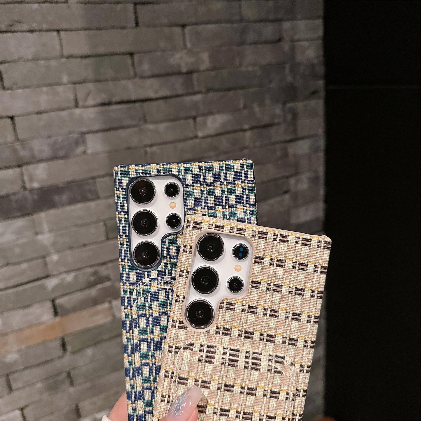 For Samsung S25Ultra S24 S23 S22 Phone Case, Gradient Grid Mosaic Wallet Woven Pattern Fabrics Card Slot Shockproof Hard Full Cover