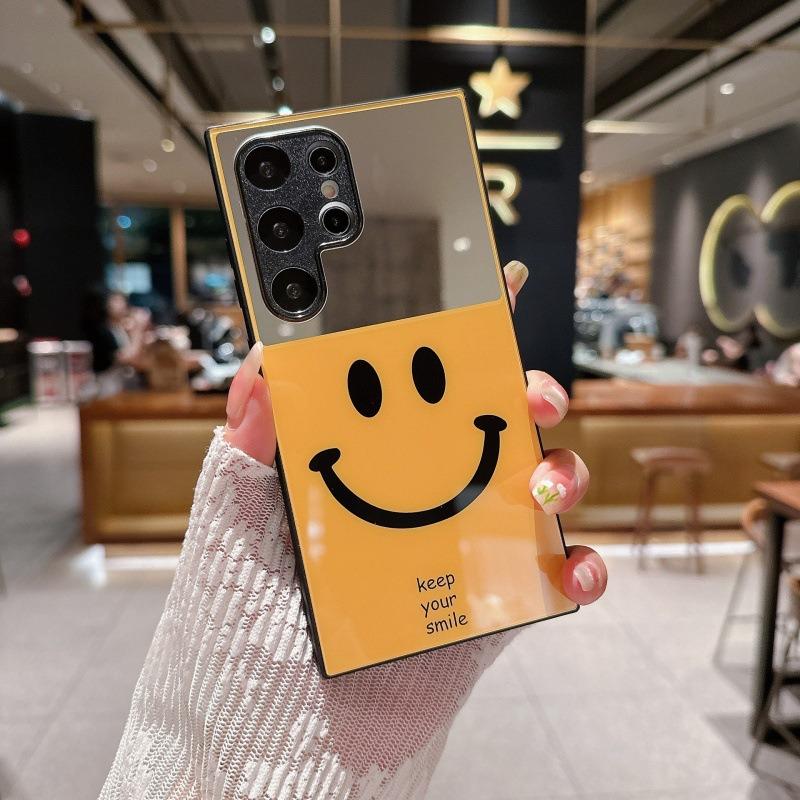For Samsung S25Ultra S25 S24 S23 S22 S21 Phone Case, Luxury Glitter Mirror Smiling Face Plating Acrylic, Camera Protection Hard Full Cover