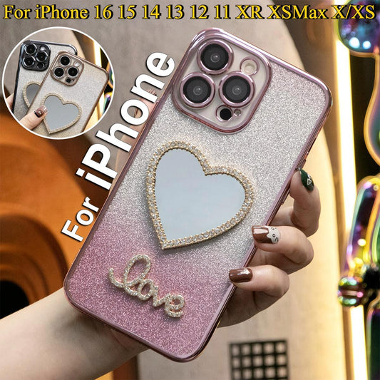 Glitter Transparent Gradient Love Heart Mirror Phone Case For iPhone 16 15 14 13 12 11 XR XSMax X/XS Clear Soft TPU Back Cover
