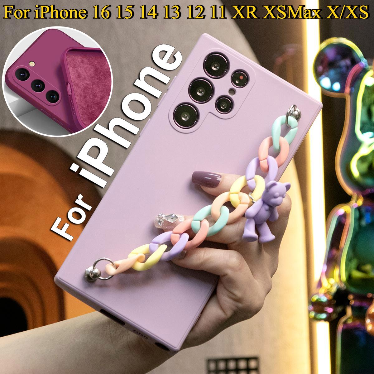 Liquid Silicone Matte Shockproof Phone Case with Bear Colorful Chain For iPhone 16 15 14 13 12 11 XR XSMax X/XS Camera Protect Soft Cover