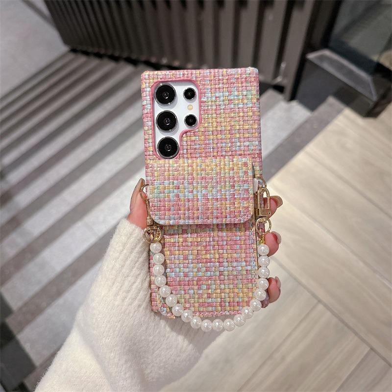 For Samsung S25Ultra S24 S23 S22 Case With Pearl Wristband, Gradient Woven Pattern Fabrics Wallet Shockproof Card Slot Hard Full Cover