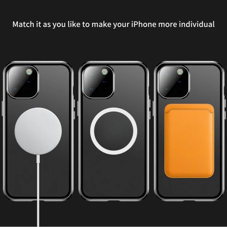 Double Sided Privacy Glass Matte Back Cover Aluminium Alloy For Magsafe Full Cover 360 Magnetic Ring Anti-peep Metal Case For iPhone 16ProMax 16 15 14 13 12 Pro Max Glass Full Cover
