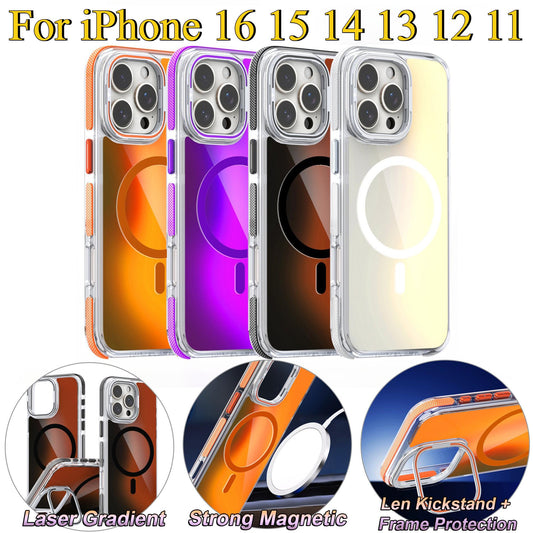 Laser Gradient Chameleon Strong Magnetic Camera Kickstand For Magsafe Wireless Charging Phone Case For iPhone 16 15 14 13 12 11 Pro Max Metal Frame TPU Acrylic Shockproof Hard Full Cover