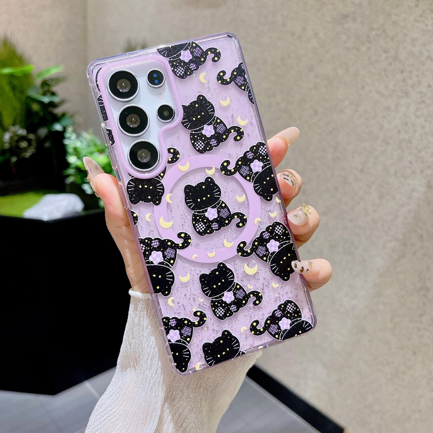 Cute Cartoon Moon Cat Magnetic Phone Case for Samsung S25 S24 S23 Ultra FE Plus Glitter Back Cover for Women Girls with Magnetic Stand