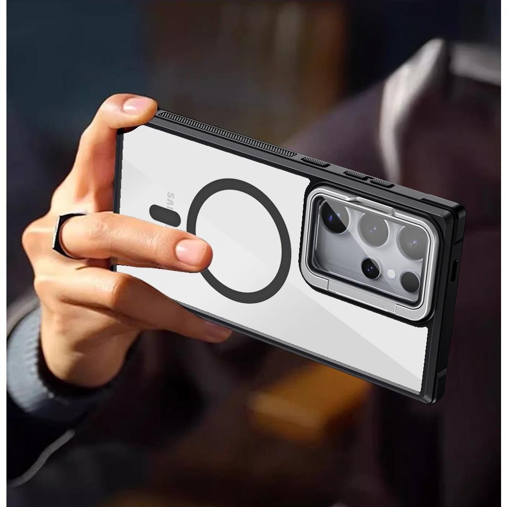For Samsung S25Ultra S25 S24 S23 S21FE S20FE Strong Magnetic Phone Case, Glass Camera Kickstand Protection, HD Acrylic Four Corner Shockproof Bumper Hand Feel Hard Full Cover