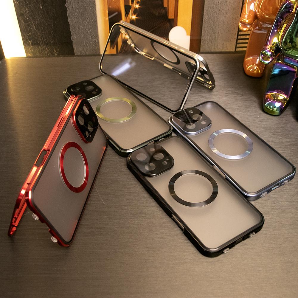 Double Sided HD Glass Matte Back Cover Aluminium Alloy For Magsafe Full Cover 360 Magnetic Ring High Definition Metal Case For iPhone 16ProMax 16 15 14 13 12 Pro Max Glass Full Cover