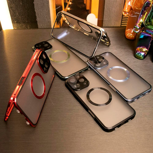 Double Sided HD Glass Matte Back Cover Aluminium Alloy For Magsafe Full Cover 360 Magnetic Ring High Definition Metal Case For iPhone 16ProMax 16 15 14 13 12 Pro Max Glass Full Cover