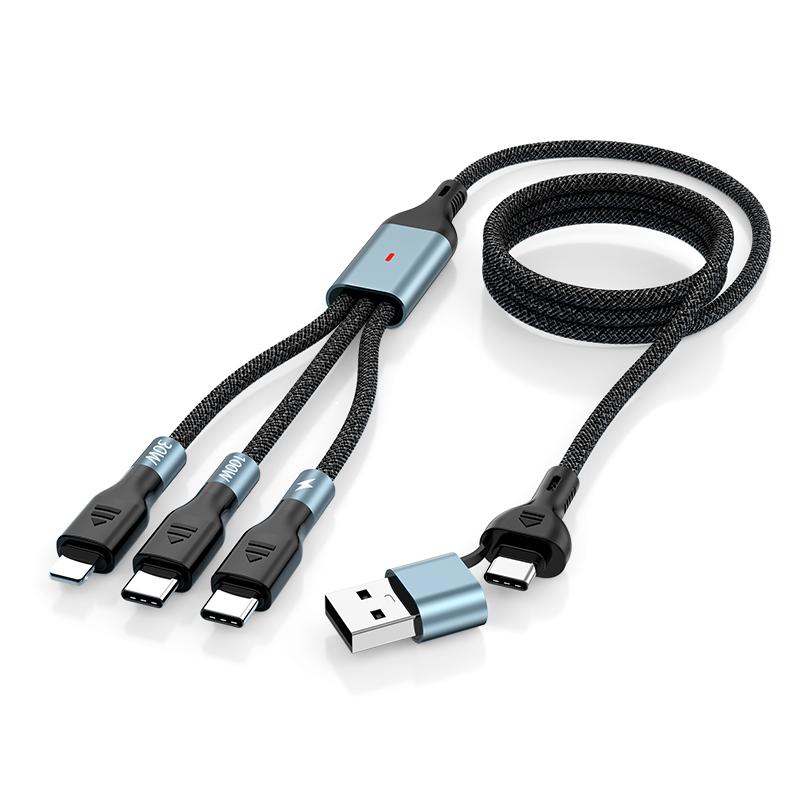 1.2m/2m 100W Super Fast Charge 2in3 Data Cable Support Laptop/Mobile Phone/Tablet USB+Type-c to C+L+C Multi-port Fast Charging Metal Head Nylon Braided Wire
