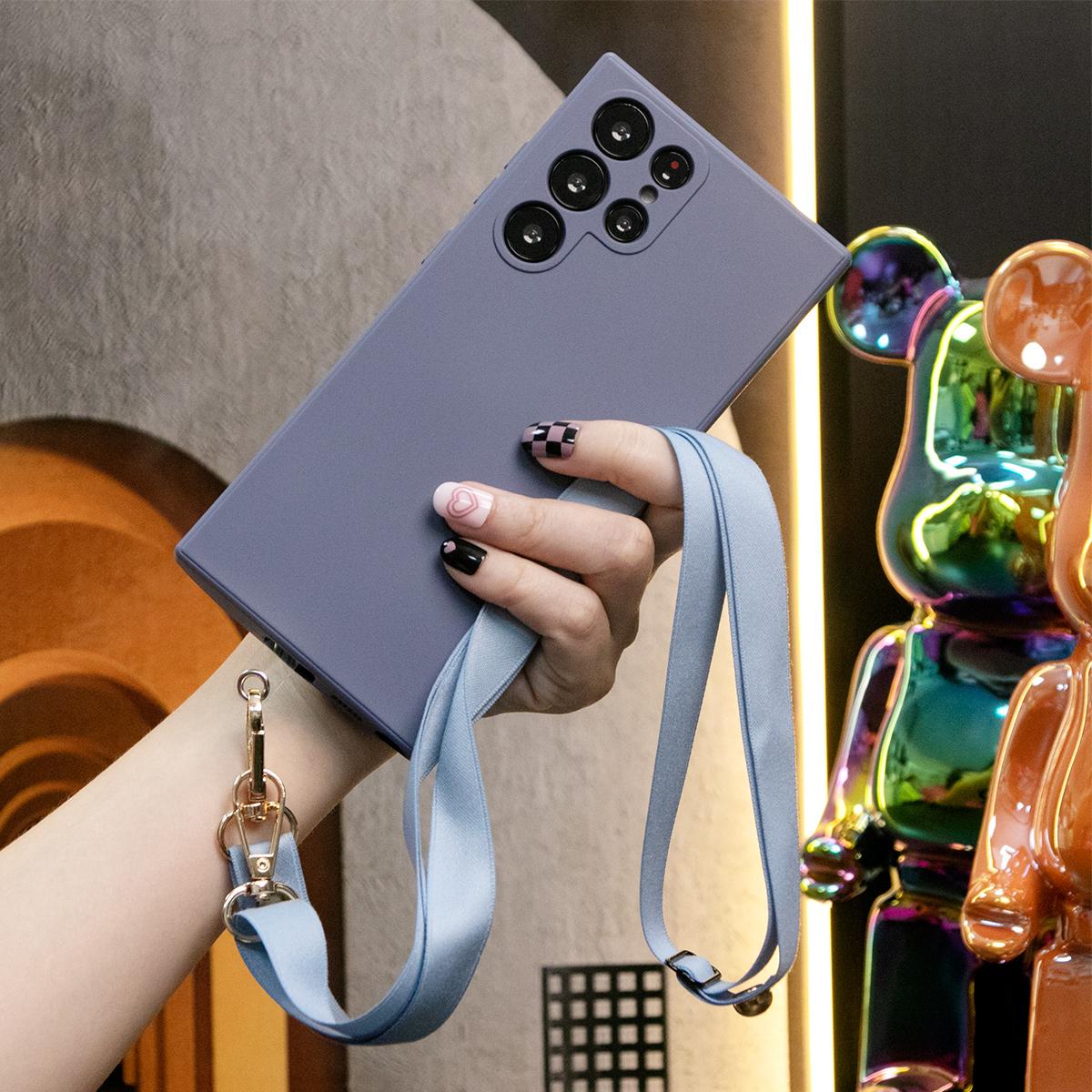 Square Liquid Silicone Matte Shockproof Crossbody Lanyard Phone Case For Samsung S25 S24 S23 Camera Protect Soft Cover