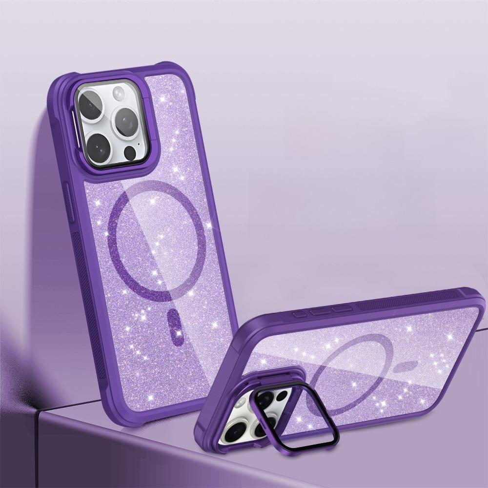 For iPhone 16ProMax 16 15 14 13 12 11 Strong Magnetic Phone Case, Glass Camera Kickstand Protection, Glitter Clear Acrylic Four Corner Shockproof Bumper Hand Feel Hard Full Cover