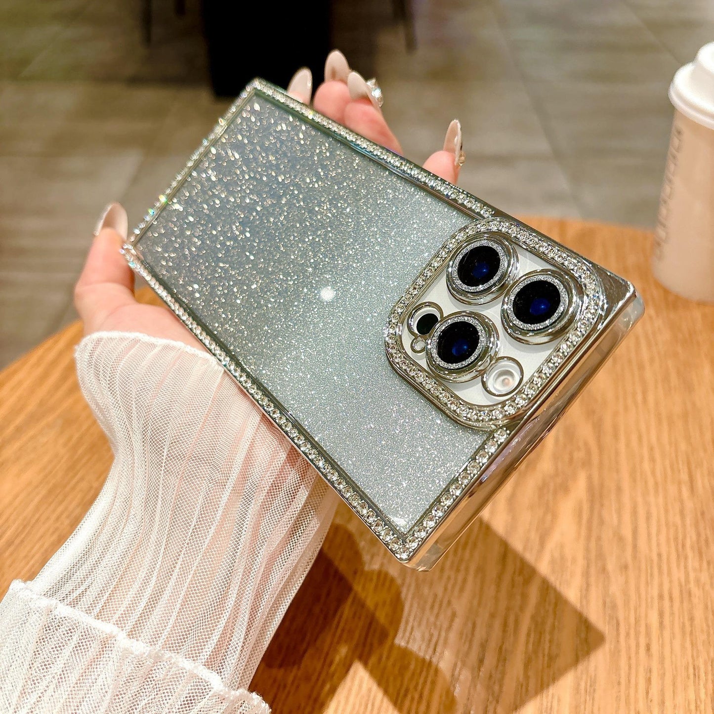 Glitter Rhinestone Clear TPU Square Phone Case with Len Protector For iPhone 16ProMax 15 14 13 Transparent Bumper Shockproof Soft Full Cover