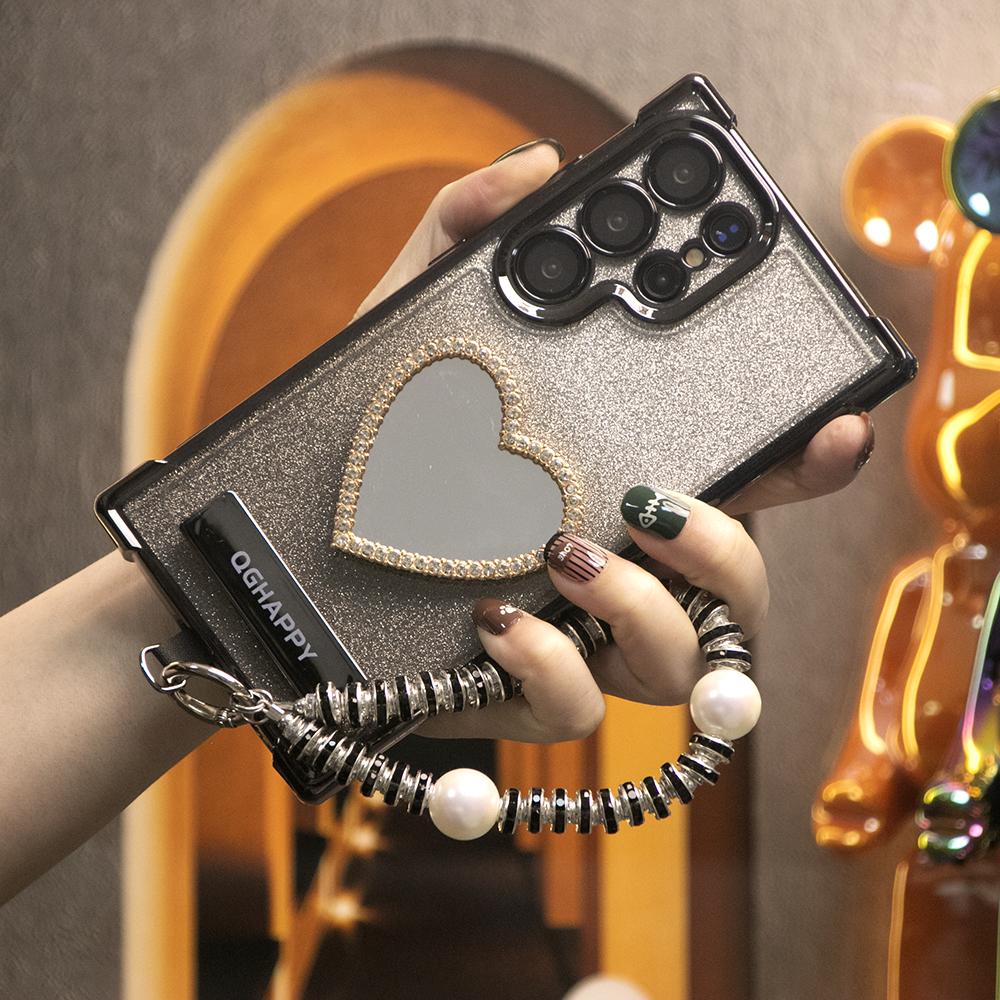 Gradient Plating Four Corners Love Heart Mirror Thin Kickstand Case with Pearl Diamond Wristband for Samsung S25Ultra S25 S24 S23 S22 S21 Note20 A53 A54 A55 Hard Acrylic Bumper Full Cover