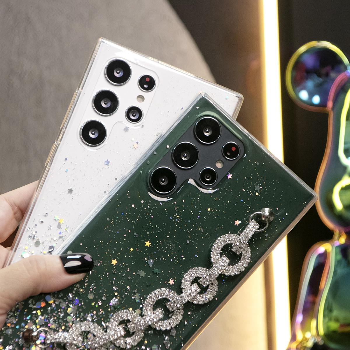 Glitter Star Sequin With Diamond Rhinestone Chain Phone Case For iPhone 16 15 14 13 12 11 XR XSMax X/XS Clear Soft TPU Back Cover