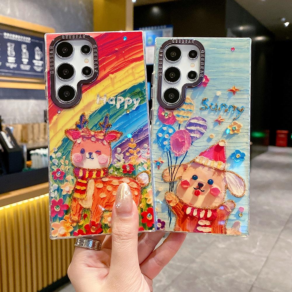 For Samsung S25 S24 S23 S22 A35 A36 A26 A54 A55 A56 Phone Case, Rich Girl Women Nabobess Leopard Print Rainbow Deer Balloon Puppy, Oil Painting Camera Frame Anti-drop Hard Shockproof Full Cover