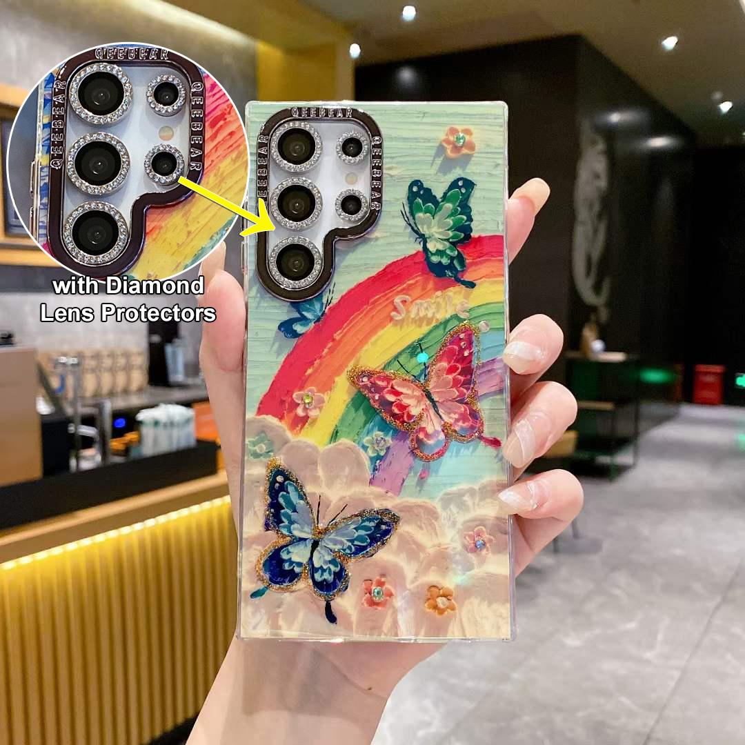 For Samsung S25 S24 S23 S22 Phone Case with Diamond Lens Protectors, Luxury Panda Leopard Rainbow Butterfly Elephant Oil Painting Metal Camera Frame Anti-drop Hard Shockproof Full Cover